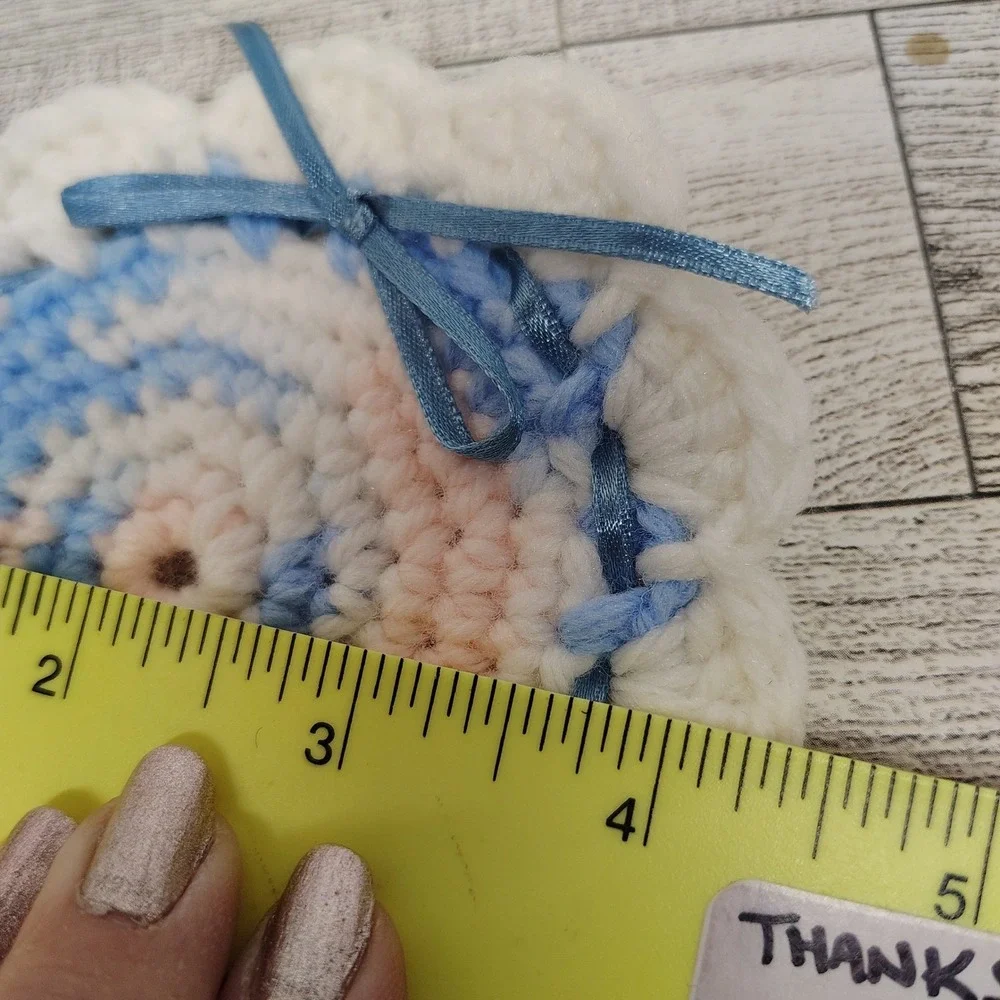 Handmade Crochet Coasters (Set of 4) Pastel Blue Pink Ribbon Accent Cottagecore‎